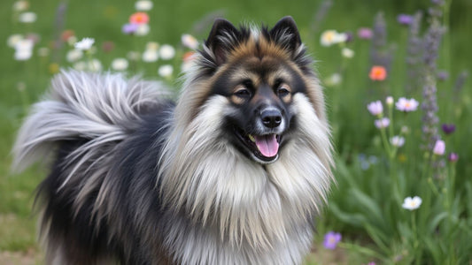 Fröhlicher Keeshond im Freien mit bunten Blumen.