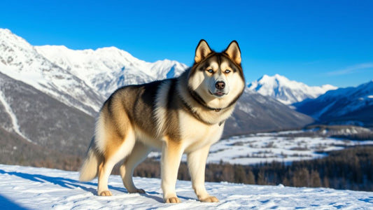 Alaskan Malamute in schneebedeckter Landschaft.