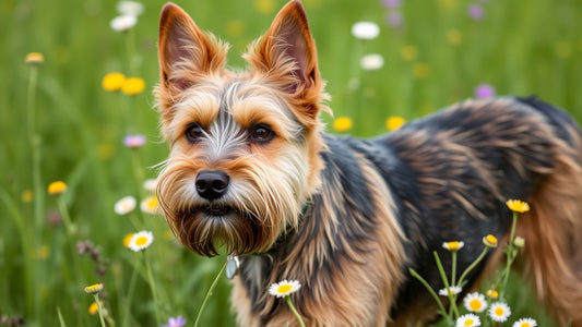 Border Terrier in einer blühenden Wiese.