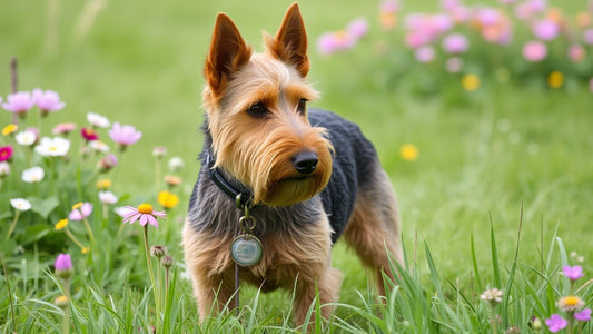 Welsh Terrier auf einer blühenden Wiese.