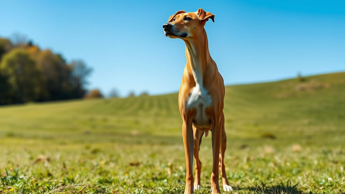 Ibizan Hound auf einer Wiese, majestätisch und aufmerksam.