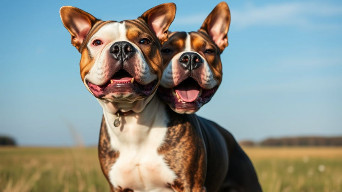 Muskulöser Staffordshire Bullterrier auf einer Wiese.