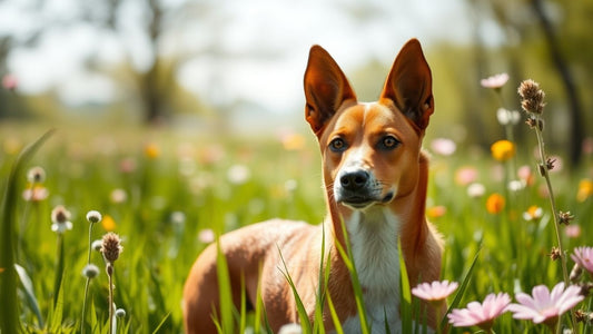 Stolzer Basenji auf einer blühenden Wiese.