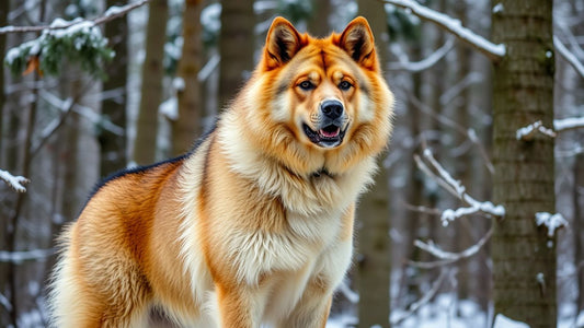 Karelischer Bärenhund im verschneiten Wald.