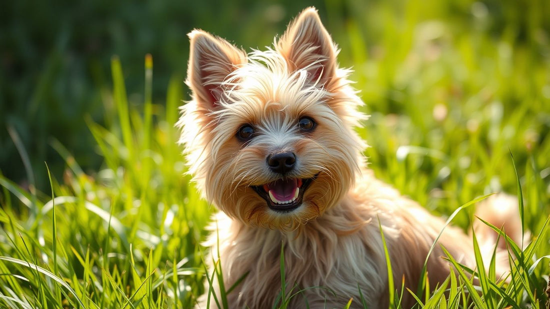 Fröhlicher Cairn Terrier im Gras.