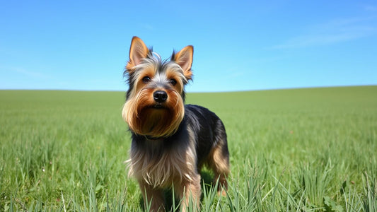 Australian Terrier auf einer Wiese, lebhaft und aufmerksam.
