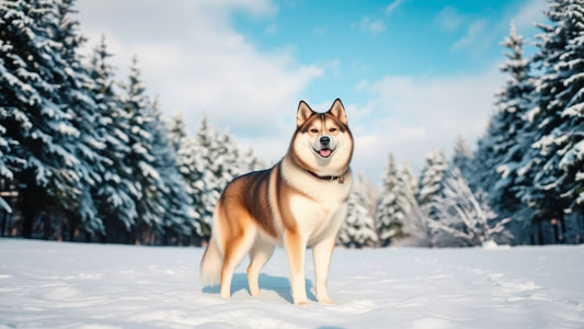 Majestätischer Hokkaido-Hund in verschneiter Landschaft.
