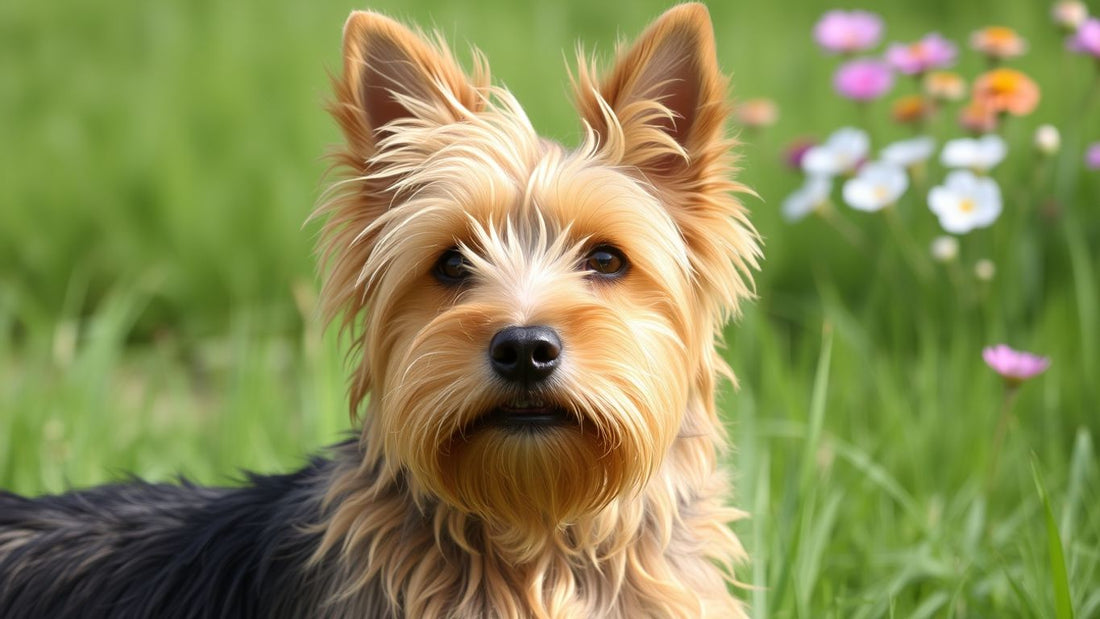 Norwich Terrier auf einer Wiese mit bunten Blumen.