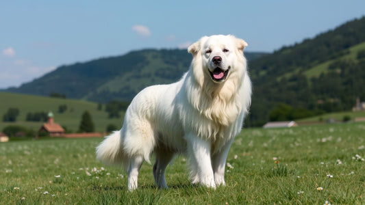 Majestätischer Kuvasz auf einer grünen Wiese.