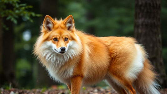 Finnischer Spitz im Wald mit rotbraunem Fell.