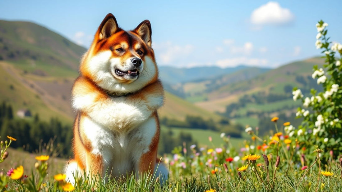Stolzer Akita Inu in malerischer Landschaft.