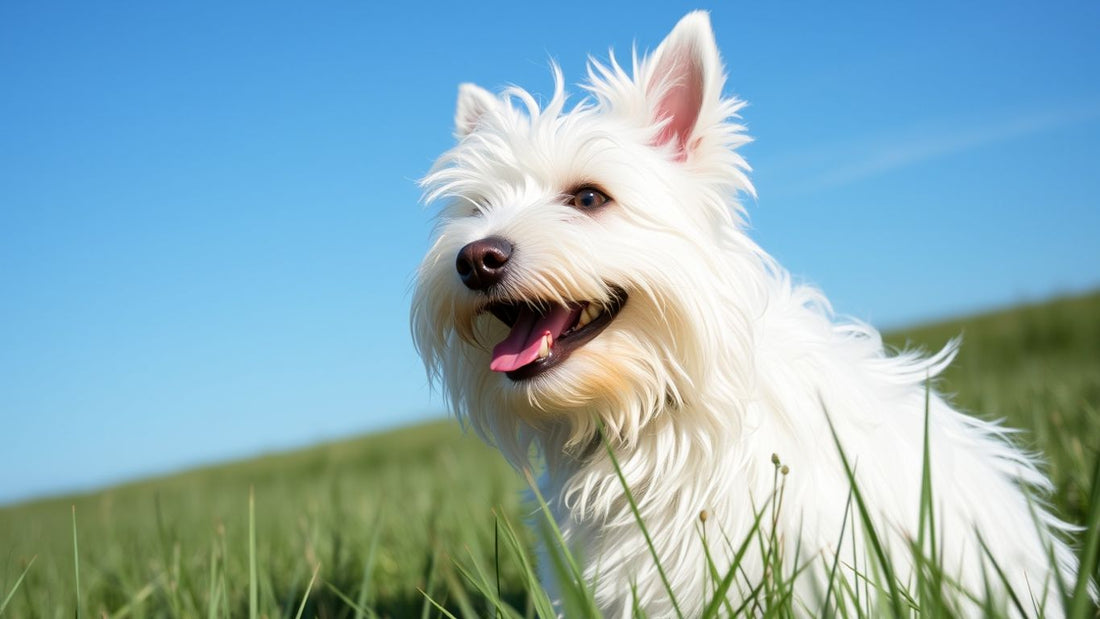 West Highland White Terrier auf einer Wiese.