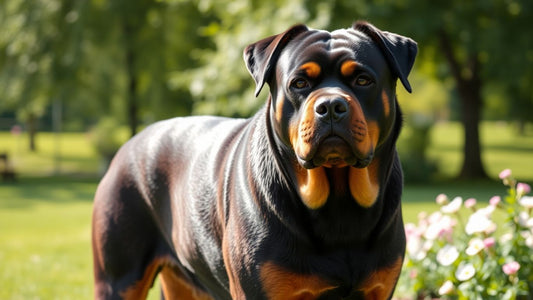 Stolzer Rottweiler im Park mit blühenden Blumen.