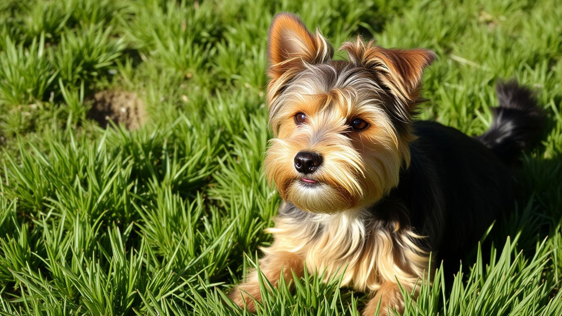 Norfolk Terrier im Gras, lebhaft und freundlich.