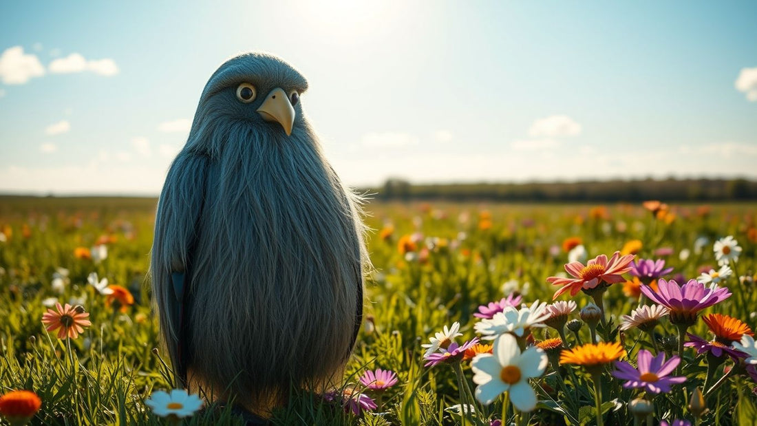 Schapendoes auf einer blühenden Wiese unter blauem Himmel.
