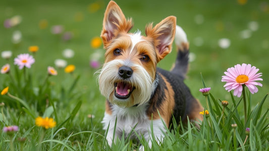 Lebhafter Foxterrier im Freien, umgeben von Blumen.