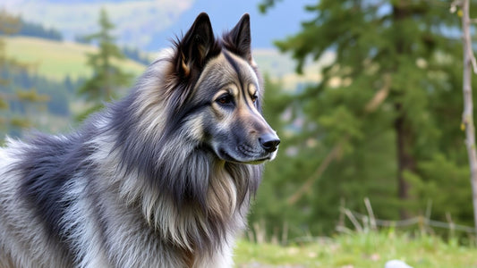 Norwegischer Elchhund in Grau und Schwarz im Freien.