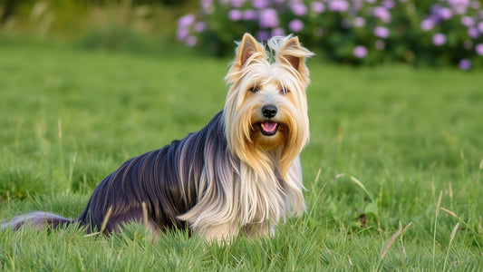 Skye Terrier auf einer Wiese mit Wildblumen.