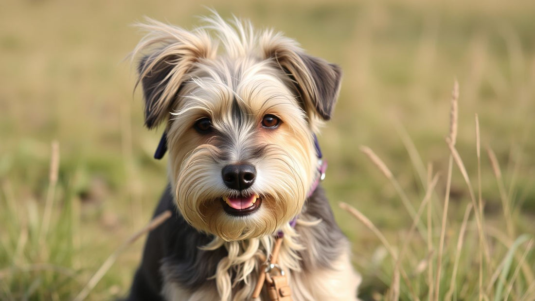 Dandie Dinmont Terrier auf einer Wiese, freundlich und aufmerksam.