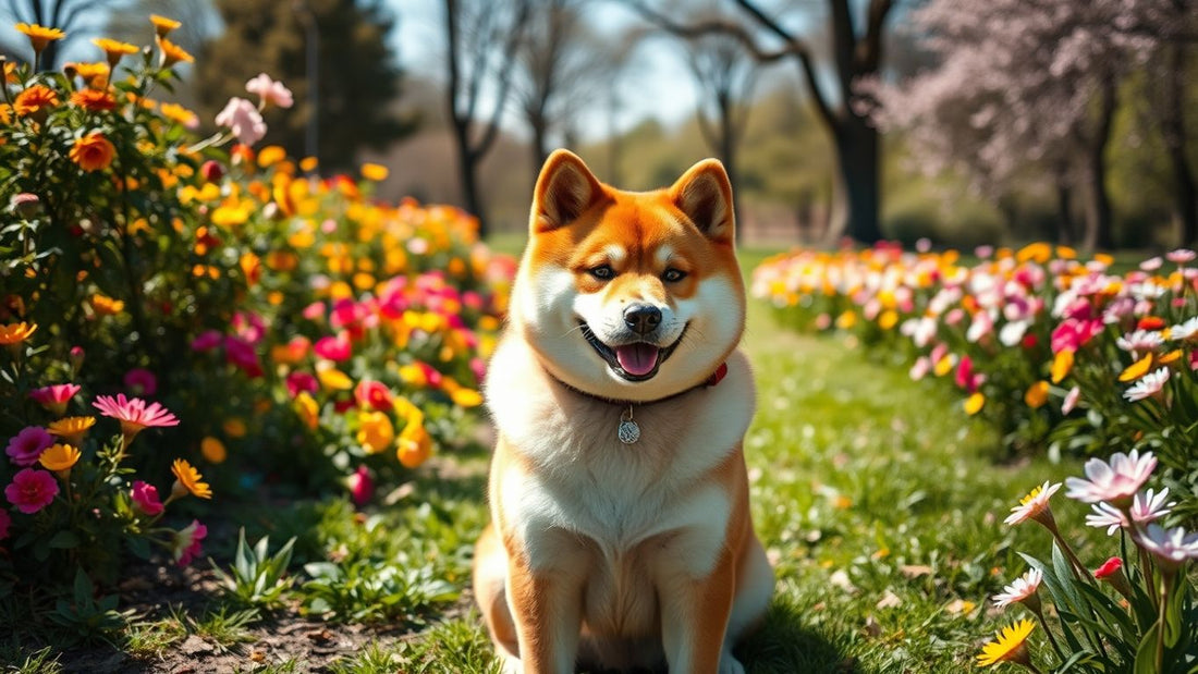 Ein Shiba Inu im Park mit bunten Blumen.