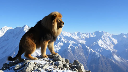 Stolzer Tibetmastiff auf einem Berggipfel.