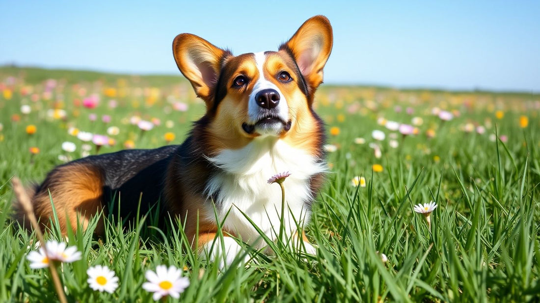 Niedlicher Welsh Corgi auf einer blühenden Wiese.