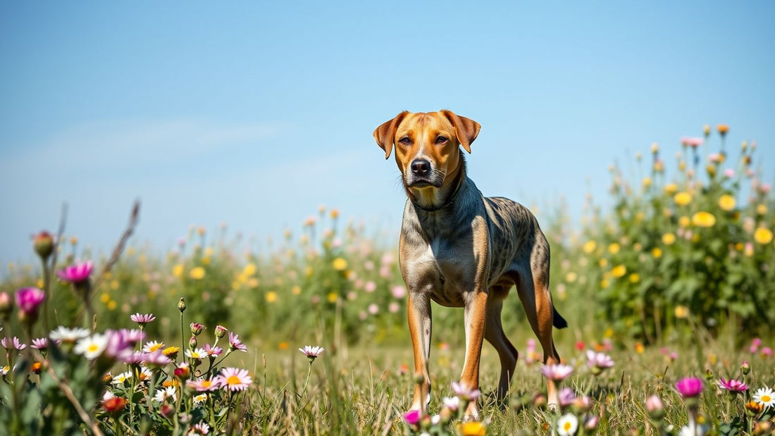 Harrier-Hund auf einer blühenden Wiese.