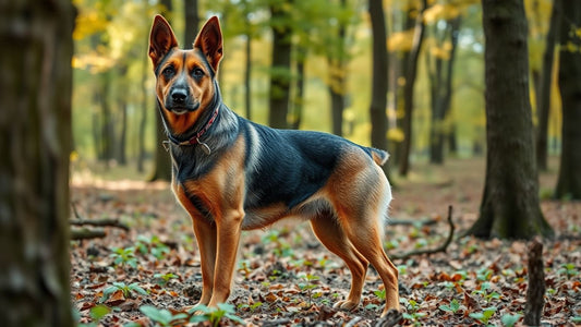 Deutscher Jagdterrier im Wald, aufmerksam und stolz.
