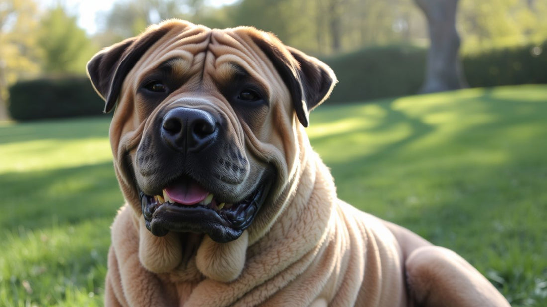 Faltiger Shar Pei im Park, sonnig und freundlich.