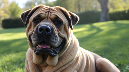 Faltiger Shar Pei im Park, sonnig und freundlich.