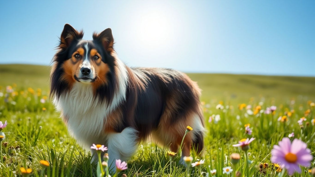 Shetland Sheepdog auf einer blühenden Wiese.