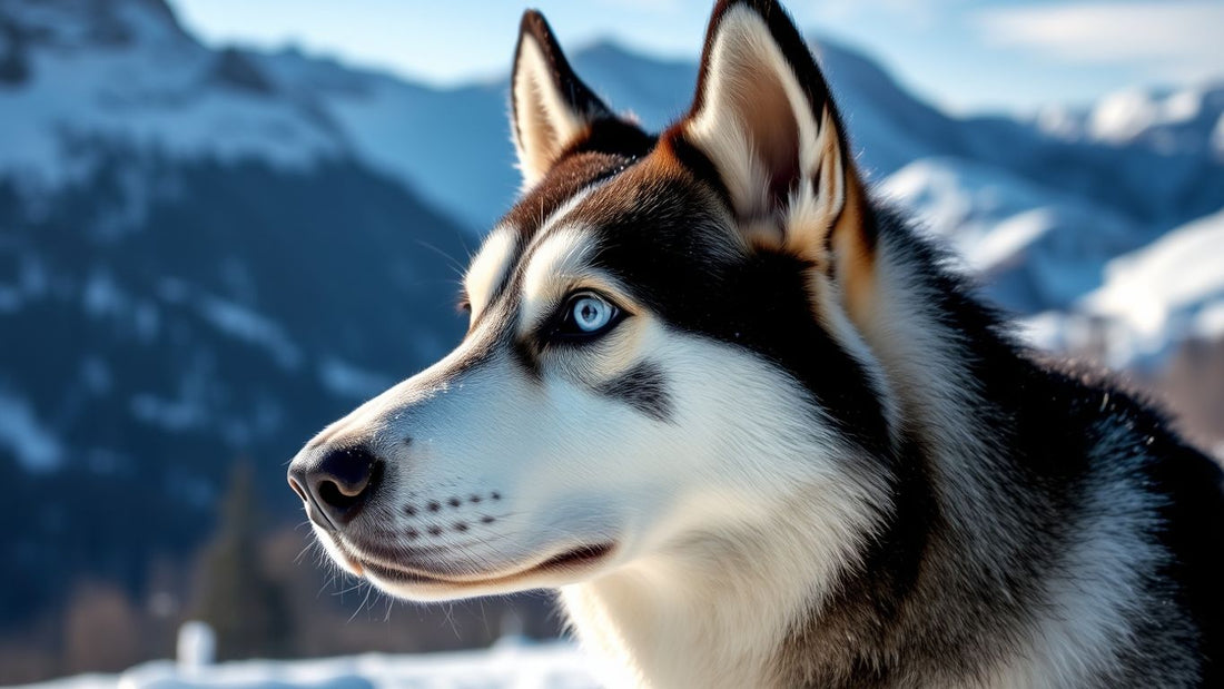 Siberian Husky in schneebedeckter Landschaft mit blauen Augen.