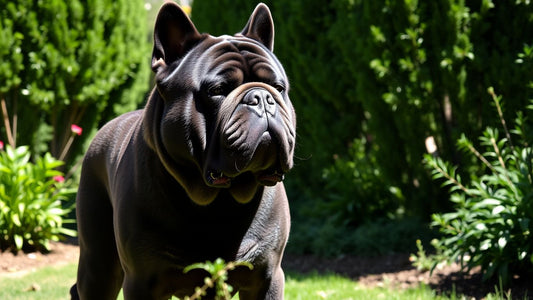 Stolzer Mastino Napoletano im sonnigen Garten.