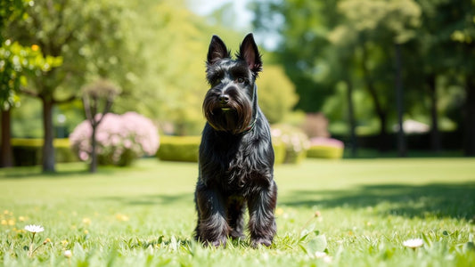 Russischer Schwarzer Terrier im Park, glänzendes schwarzes Fell.