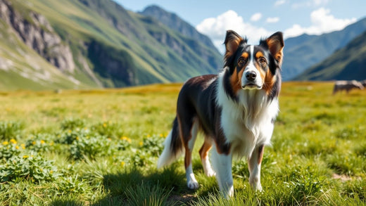 Appenzeller Sennenhund auf einer Wiese vor Bergen.