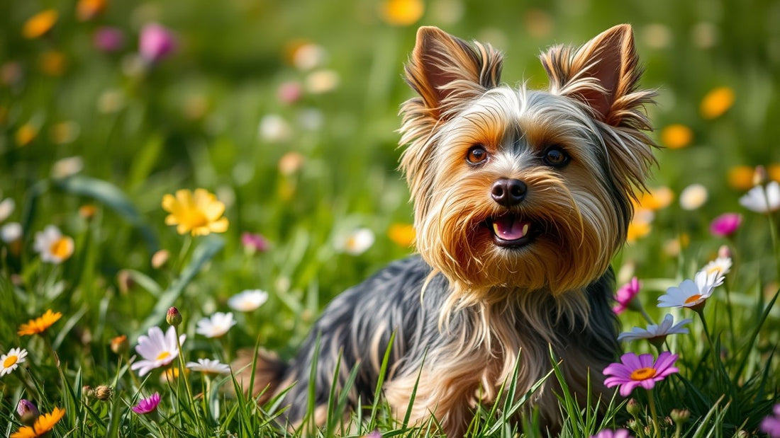 Yorkshire Terrier auf einer Wiese mit bunten Blumen.