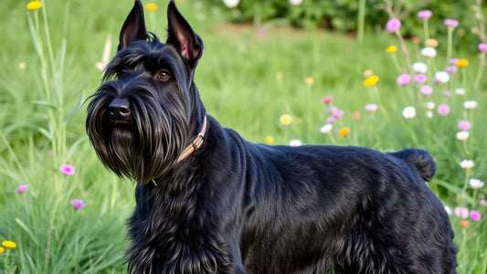 Majestätischer Riesenschnauzer im Freien, umgeben von Natur.
