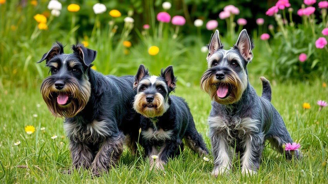 Drei Schnauzer in verschiedenen Größen im Freien.