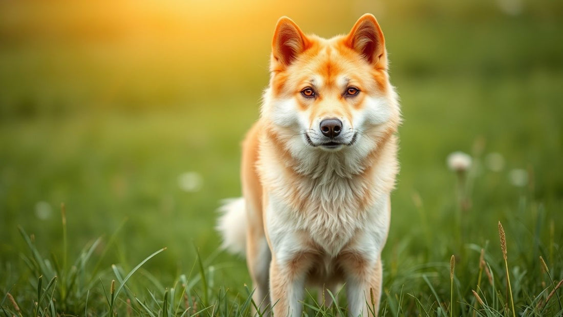 Majestätischer Koreanischer Jindo Hund auf einer Wiese.
