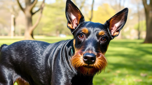 Manchester Terrier im Park mit glänzendem Fell.
