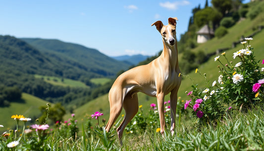 Italian Greyhound in a beautiful Italian landscape.