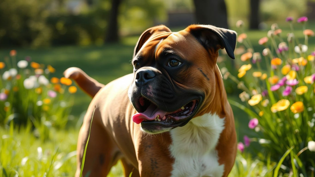 Ein Boxer spielt im Park, umgeben von Blumen.