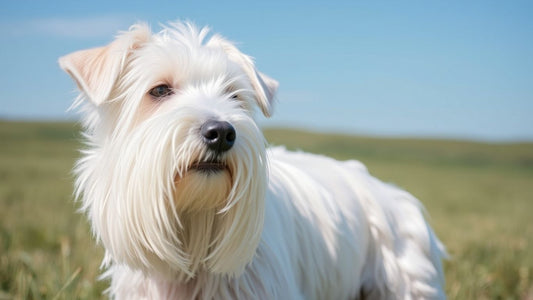 Sealyham Terrier auf einer Wiese unter blauem Himmel.