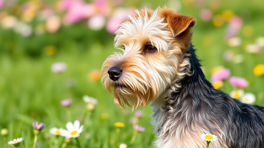 Lakeland Terrier auf einer Wiese mit bunten Blumen.