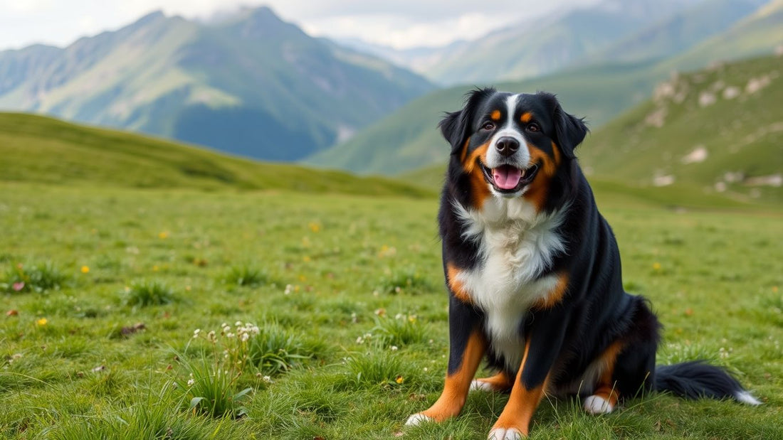 Berner Sennenhund auf einer Wiese mit Bergen im Hintergrund.