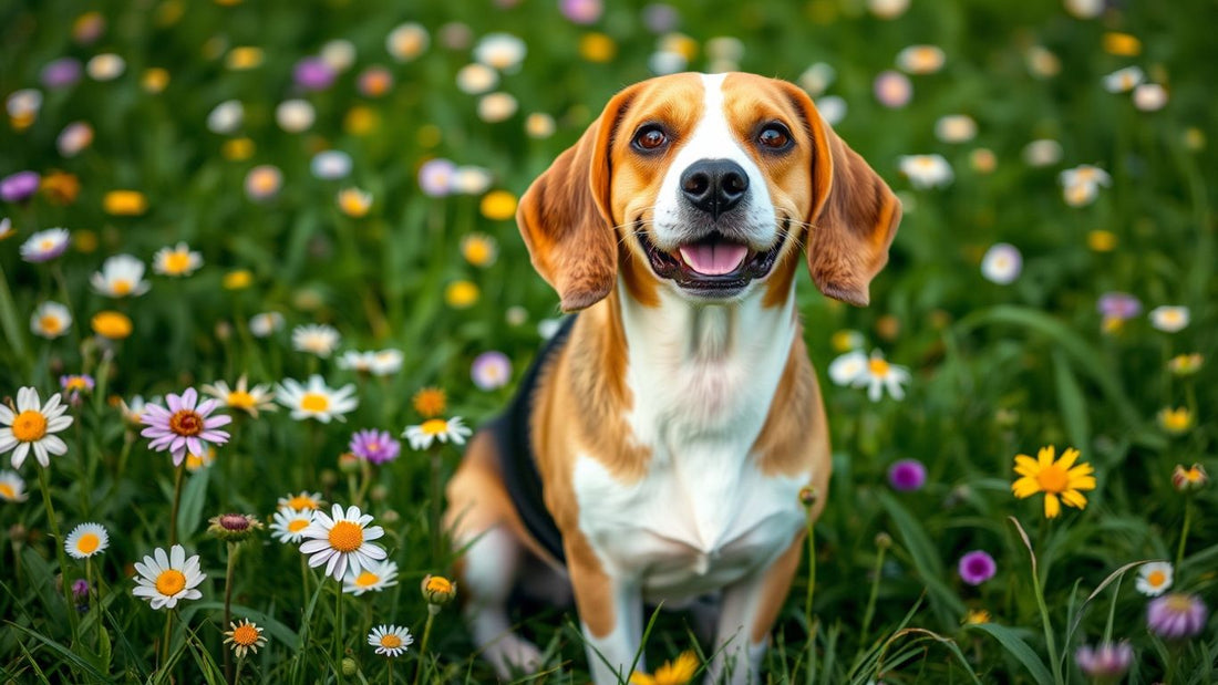 Fröhlicher Beagle auf einer blühenden Wiese.