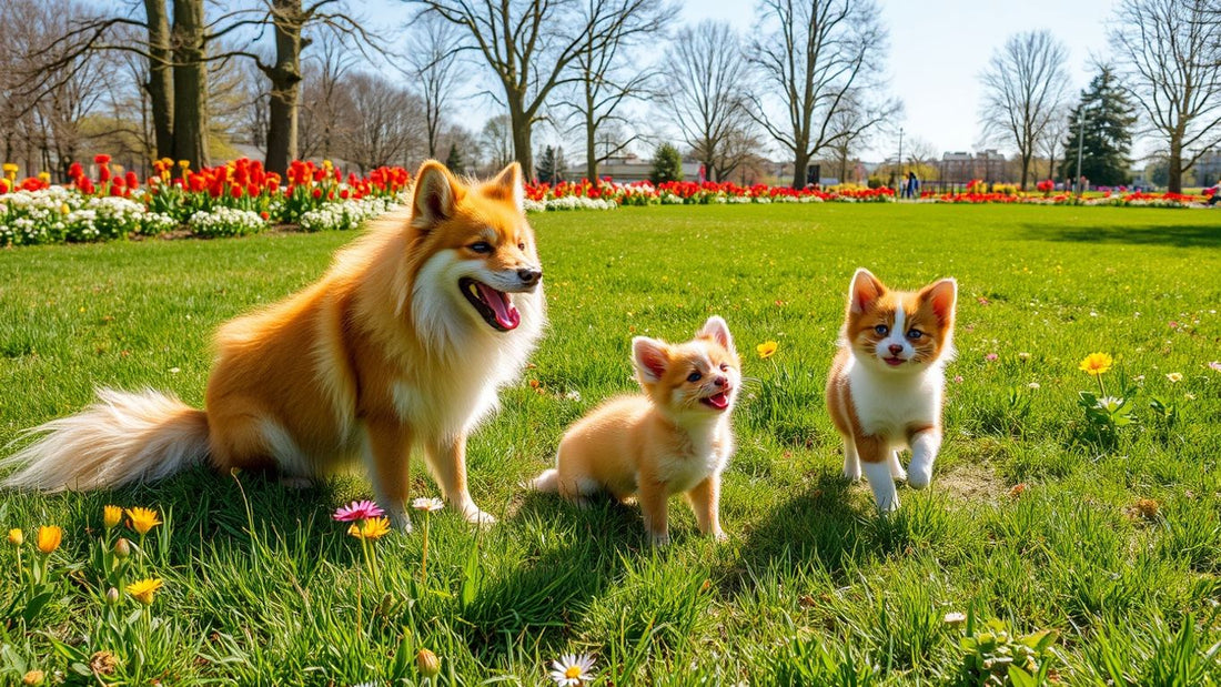 Verschiedene Spitzrassen im Park, fröhlich und aktiv.