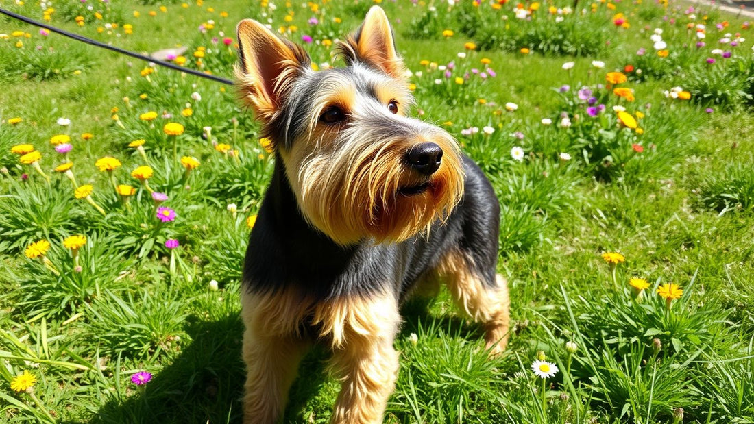 Airedale Terrier auf einer blühenden Wiese.