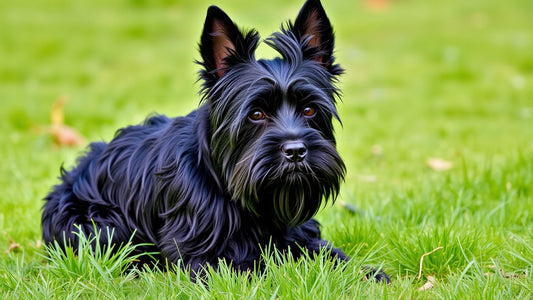 Schottischer Terrier auf einer Wiese, aufmerksam und stolz.