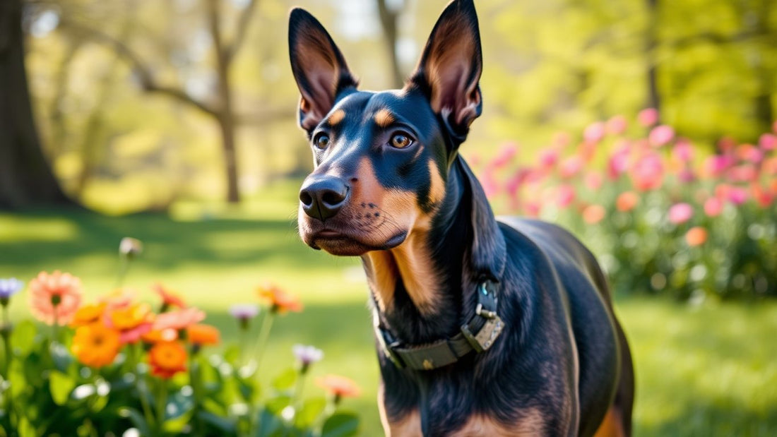 Ein Deutscher Pinscher im Park, umgeben von Blumen.